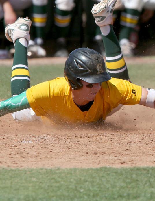 Brett Harris slides around and is safe Wednesday afternoon against Northeastern-Oscar Perez-Pinal Central