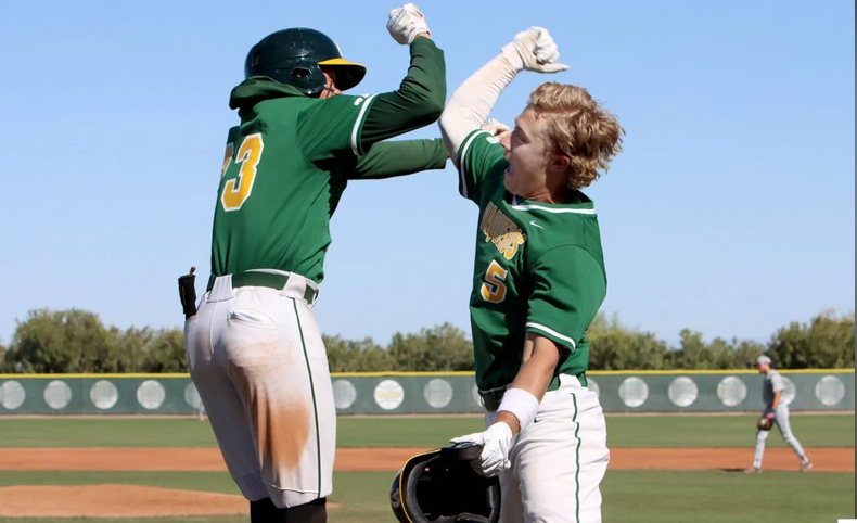 Oscar Perez/PinalCentral 
Central Arizona's Fisher Pyatt, right celebrates his home run with Tyrese Johnson during a game against Glendale Tuesday April 4, 2023 at CAC
