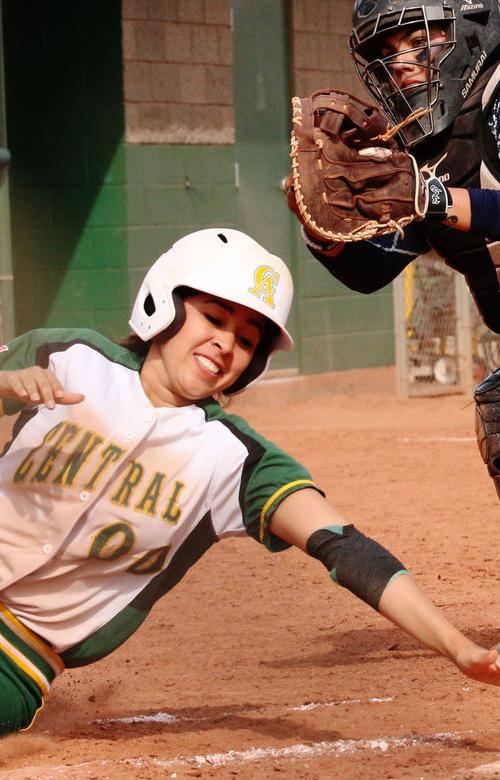 Maria Vasquez/PinalCentral photos
Central Arizona College’s Annalisa Cordova slides into home plate during Tuesday’s doubleheader against visiting Pima.