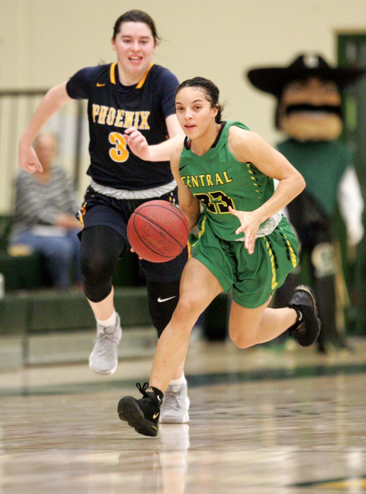 Central's Alexia Marsh drives vs Phoenix College Saturday night at home.-Oscar Perez Pinal Central